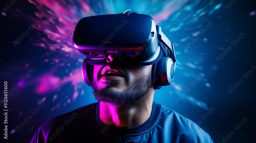 Man in VR headset with colorful neon lights in background, Man in VR headset with colorful neon lights in background,