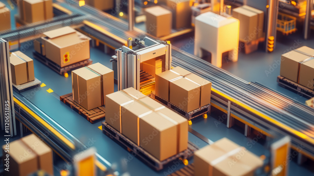 Automated warehouse with conveyor belts and cardboard boxes Automated warehouse with conveyor belts and cardboard boxes