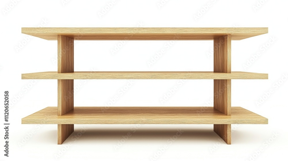 A simple wooden shelf with three open levels for storage or display purposes. A simple wooden shelf with three open levels for storage or display purposes.