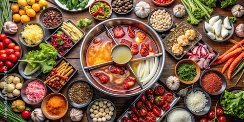 Delicious and colorful spread of ingredients for Chinese hot pot , Chinese cuisine, traditional, cooking, broth, restaurant