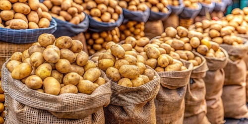 Freshly harvested bags of potatoes displayed at a local farmer's market, potatoes, harvest, fresh, bags, display