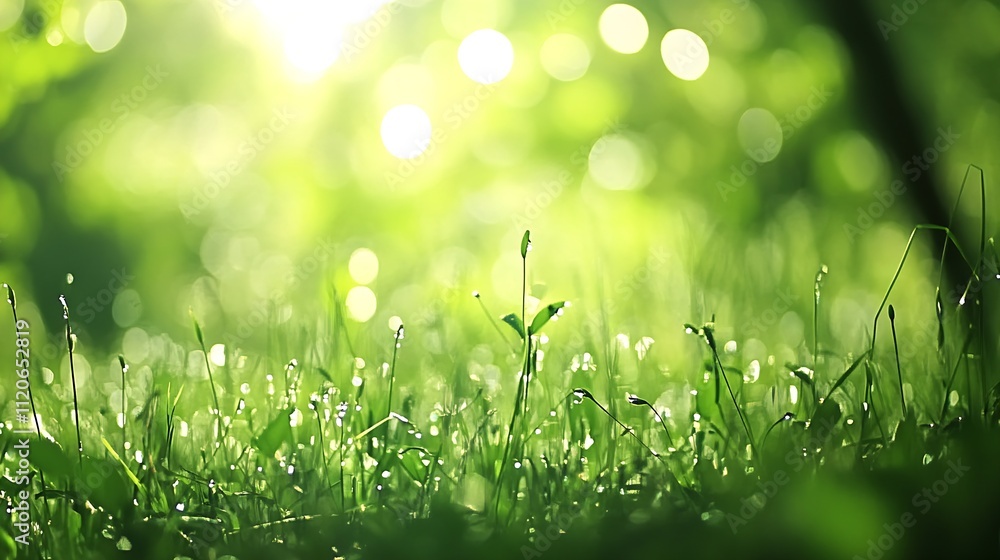 Closeup shot of dewcovered grass blades glowing in morning sunlight : Generative AI Closeup shot of dewcovered grass blades glowing in morning sunlight : Generative AI