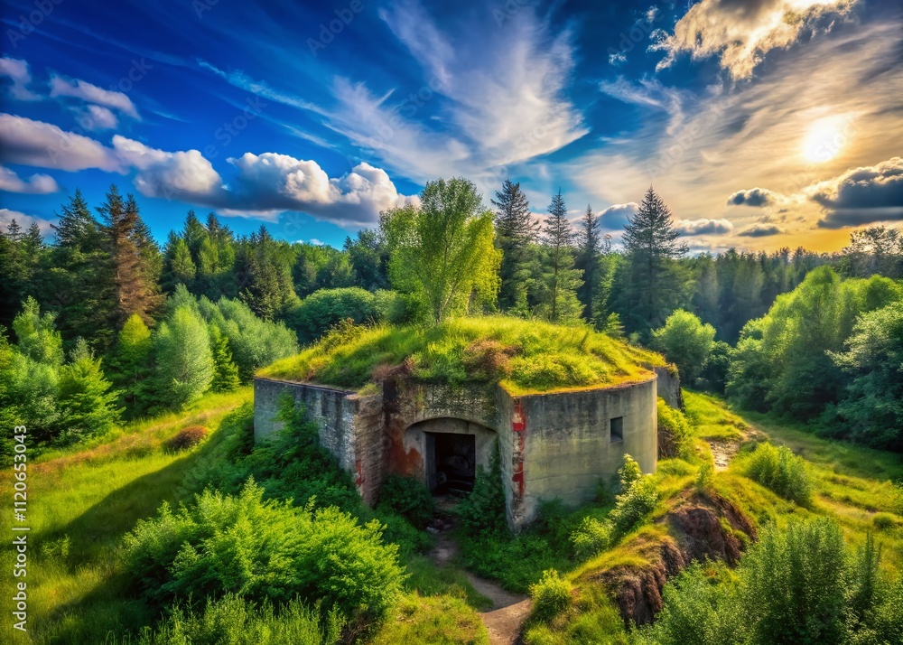 A panoramic view showcases a Soviet-era military bunker, untouched by time, surrounded by nature and silent reminders of Cold War history in an isolated landscape. A panoramic view showcases a Soviet-era military bunker, untouched by time, surrounded by nature and silent reminders of Cold War history in an isolated landscape.