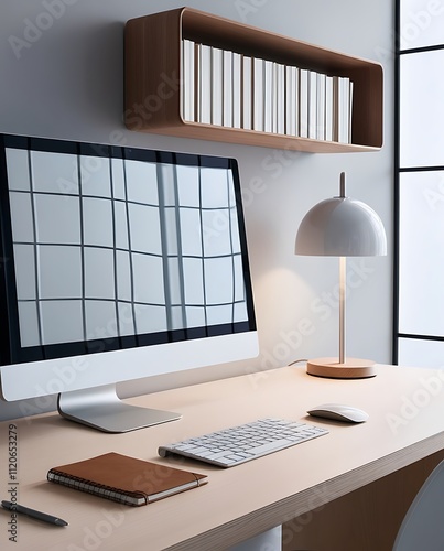 Perspective view on blank dark modern computer monitor with reflection and copyspace for your text or logo on wooden table with illuminated lamp on light grey wall background. 3D rendering, mockup (22 photo