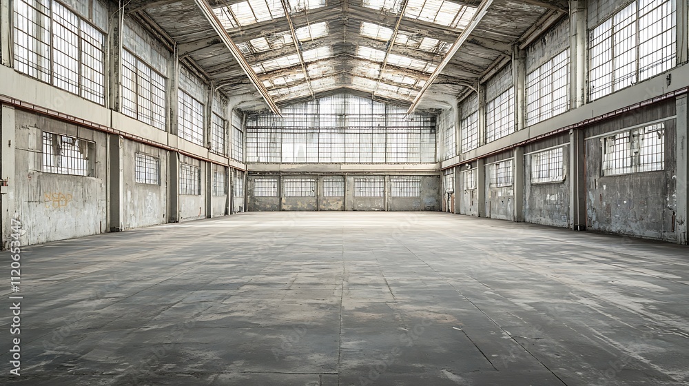 Spacious Abandoned Warehouse Interior with Open Floor and Large Windows Illuminated by Daylight : Generative AI Spacious Abandoned Warehouse Interior with Open Floor and Large Windows Illuminated by Daylight : Generative AI