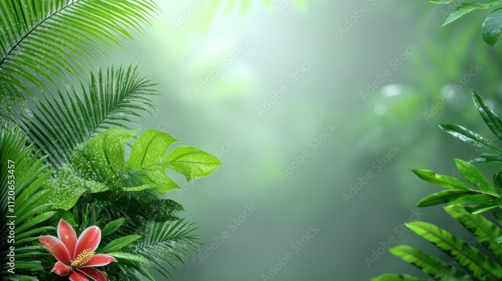 Lush tropical foliage with a soft misty background. Lush tropical foliage with a soft misty background.