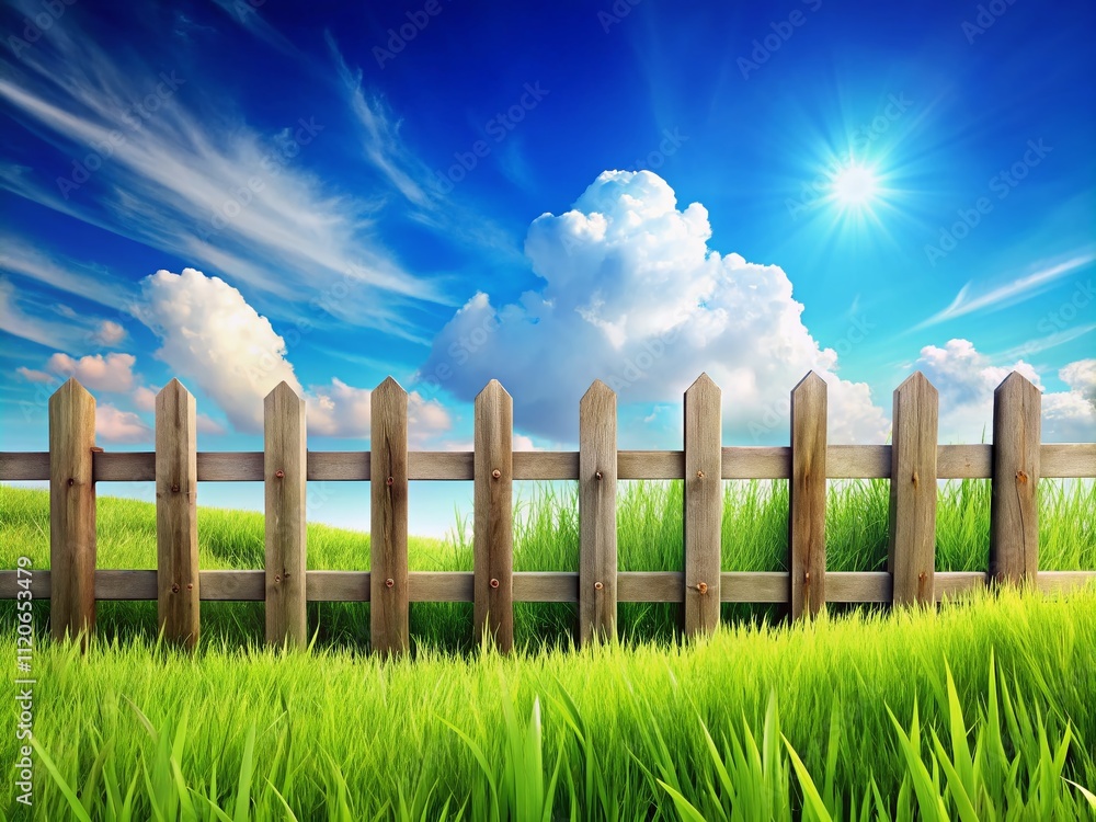 Fototapeta premium A peaceful outdoor scene showcases a wooden fence contrasting against a bright blue sky, surrounded by lush green grass, inviting calm and serenity to all.