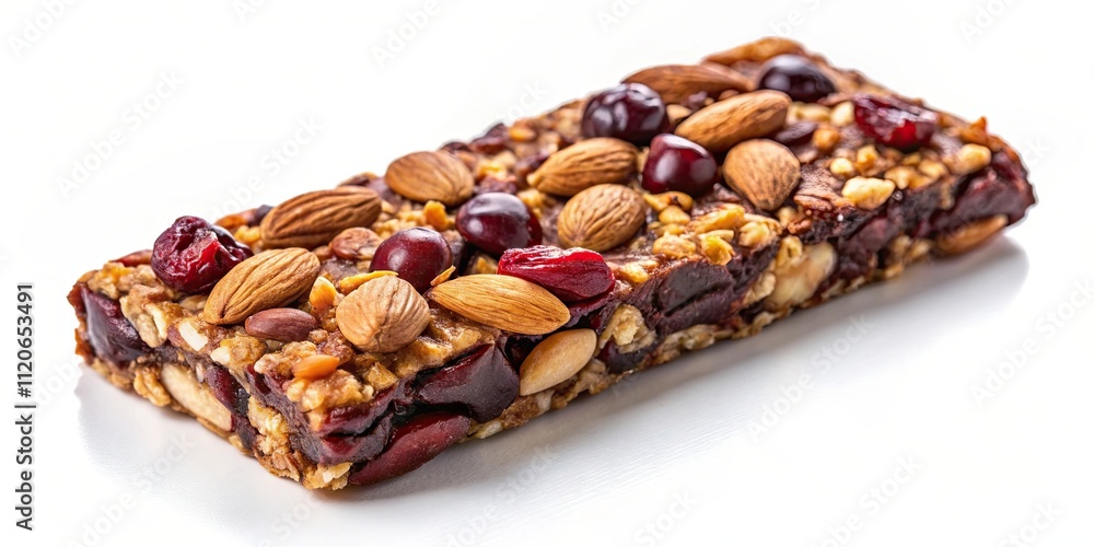 Close-up of a chocolate granola bar with cranberries and almonds , chocolate, granola bar, cranberries, almonds, snack Close-up of a chocolate granola bar with cranberries and almonds , chocolate, granola bar, cranberries, almonds, snack