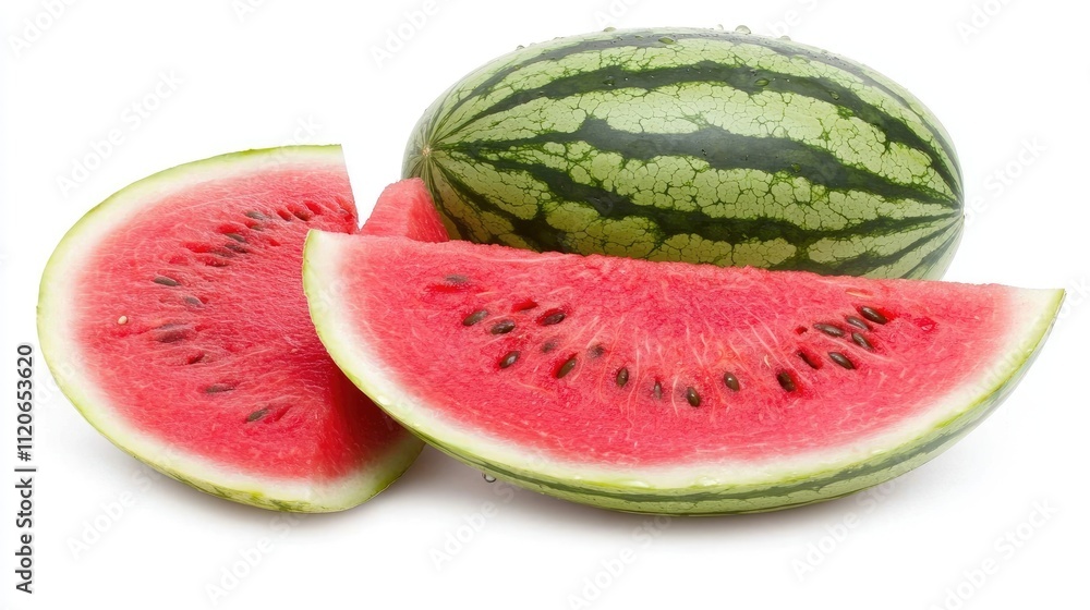 A whole watermelon with slices showcasing its juicy red flesh and seeds. A whole watermelon with slices showcasing its juicy red flesh and seeds.