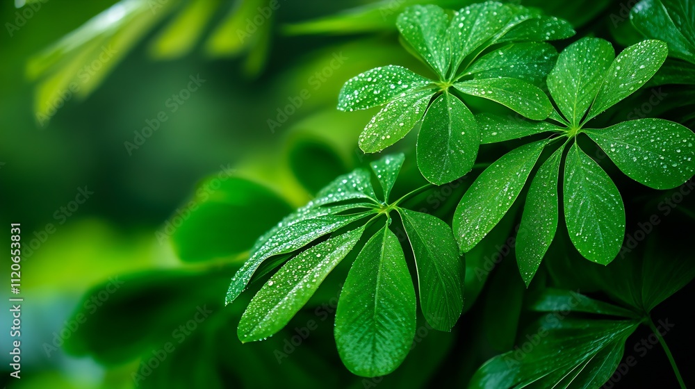 Lush Green Leaves with Morning Dew in a Serene Tropical Forest Setting : Generative AI Lush Green Leaves with Morning Dew in a Serene Tropical Forest Setting : Generative AI