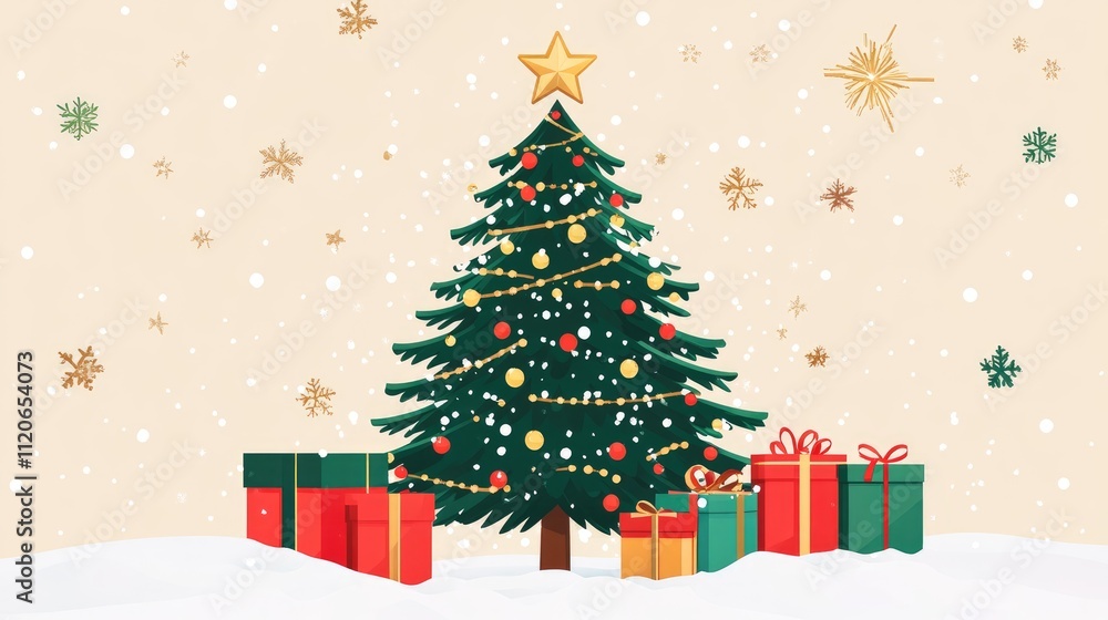 Christmas Tree and gifts flat design front view North Pole theme 3D Christmas Tree and gifts flat design front view North Pole theme 3D