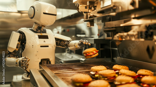 Robot chef in modern kitchen cooking burgers photo