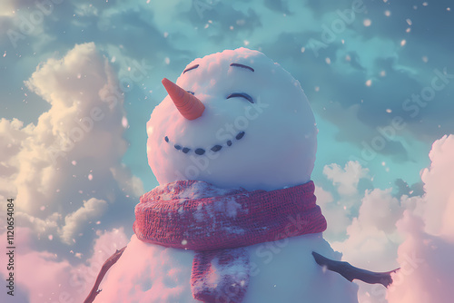 Snowy Delight: A whimsical snowman with a charming smile and rosy cheeks stands against a dreamy, pastel-colored sky, evoking a sense of joy and wonder. photo