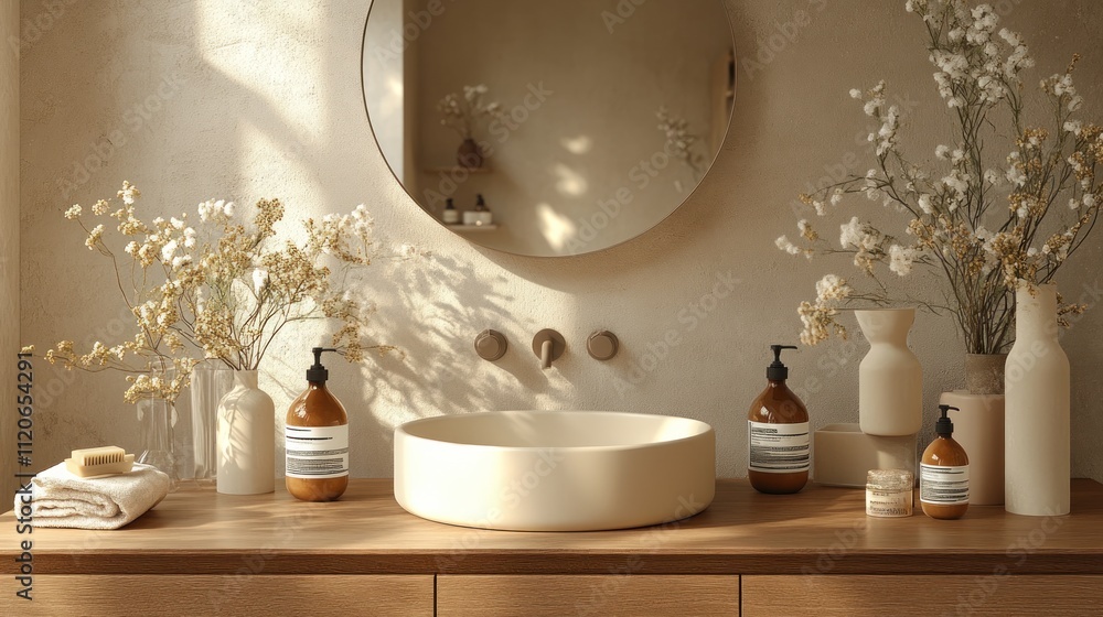 Sunlit minimalist bathroom with beige tones, round sink, wooden vanity, dried flowers, and amber bottles. Sunlit minimalist bathroom with beige tones, round sink, wooden vanity, dried flowers, and amber bottles.