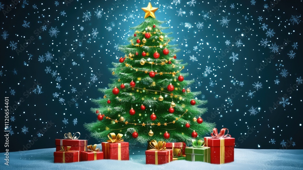 Christmas Tree and gifts flat design front view North Pole theme 3D Christmas Tree and gifts flat design front view North Pole theme 3D