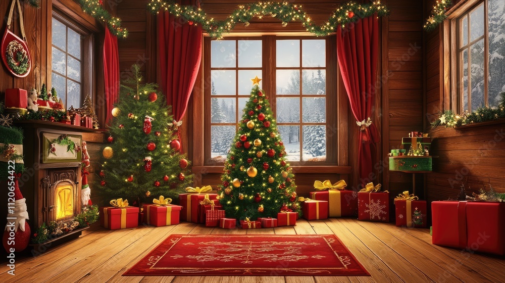 Christmas Tree and gifts flat design front view North Pole theme 3D Christmas Tree and gifts flat design front view North Pole theme 3D