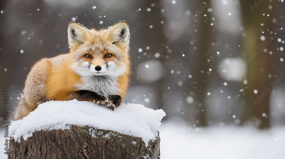 Fototapeta premium Regal Red Fox Resting on Snowy Stump Amidst a Winter Forest Backdrop : Generative AI