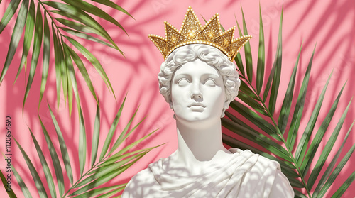 A stylized, modern portrayal of a classical Greek goddess bust, adorned with a golden crown, positioned against a vibrant pink backdrop with tropical palm leaves casting dramatic shadows.