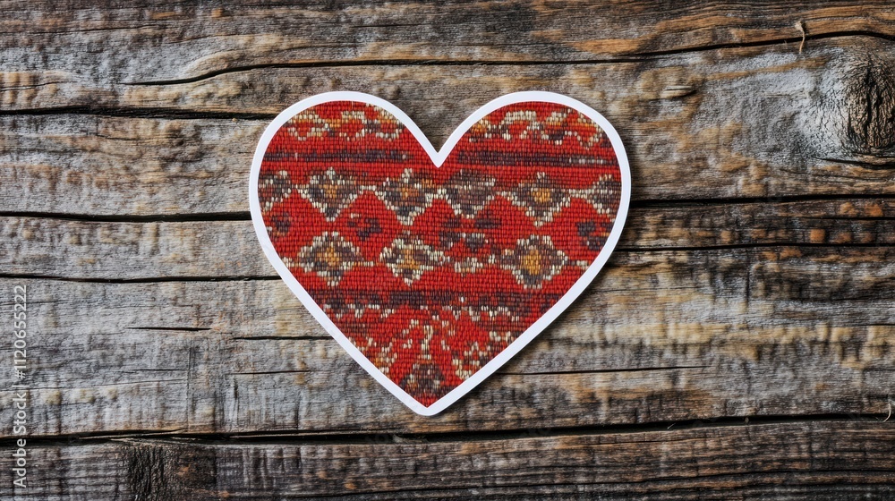 A heart-shaped design with a patterned texture placed on a rustic wooden background. A heart-shaped design with a patterned texture placed on a rustic wooden background.