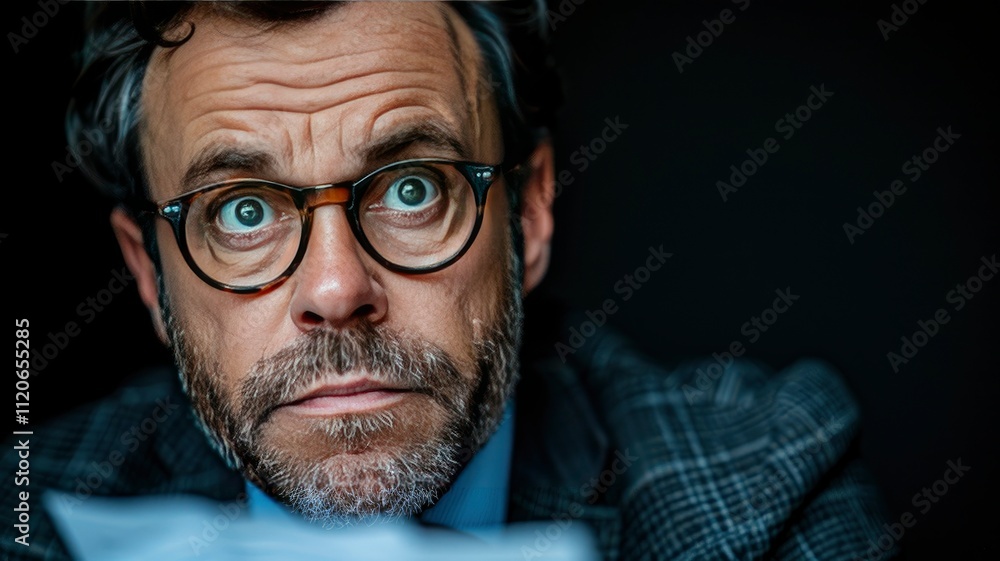 Thoughtful Middle-Aged Man with Glasses in Low Light Thoughtful Middle-Aged Man with Glasses in Low Light
