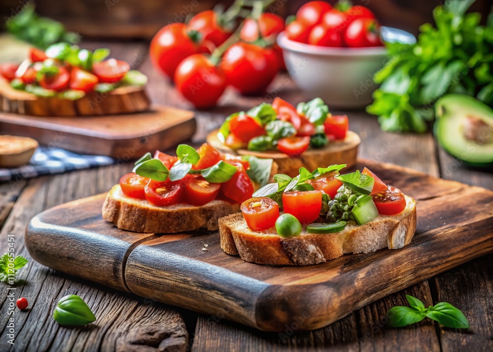 A refreshing bruschetta arrangement featuring vibrant cucumber and ripe tomato, beautifully captured in high depth of field, showcasing the colors and textures of each ingredient. A refreshing bruschetta arrangement featuring vibrant cucumber and ripe tomato, beautifully captured in high depth of field, showcasing the colors and textures of each ingredient.
