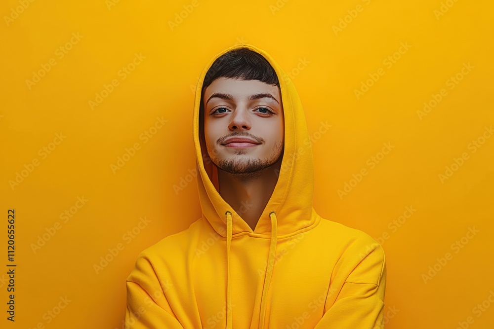 Young Man in Yellow Hoodie Smiling Casual Portrait against Bright Yellow Background Lifestyle Concept Young Man in Yellow Hoodie Smiling Casual Portrait against Bright Yellow Background Lifestyle Concept