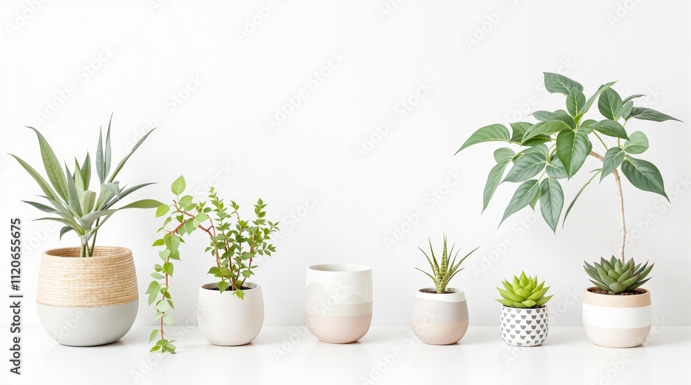 Fototapeta premium Minimalist arrangement of succulent and foliage houseplants in modern ceramic pots