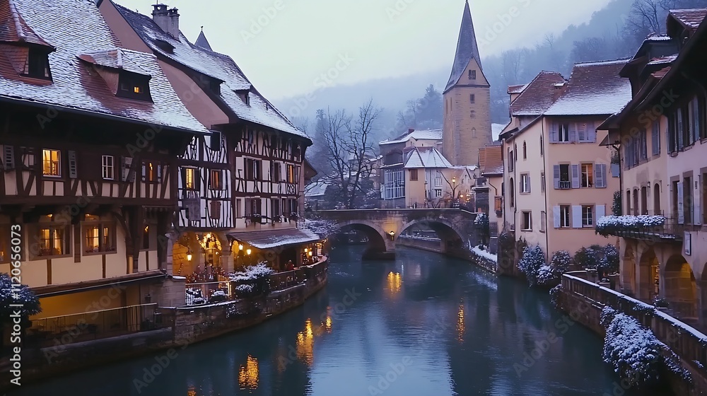 Fototapeta premium Quaint European Village in Winter with Snow and Historic Architecture : Generative AI