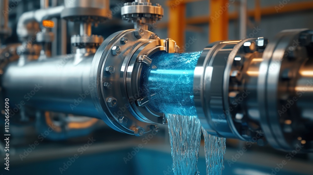 Flowmeter in water treatment facility displays vibrant blue water motion through transparent casing and intricate components in industrial setting Flowmeter in water treatment facility displays vibrant blue water motion through transparent casing and intricate components in industrial setting