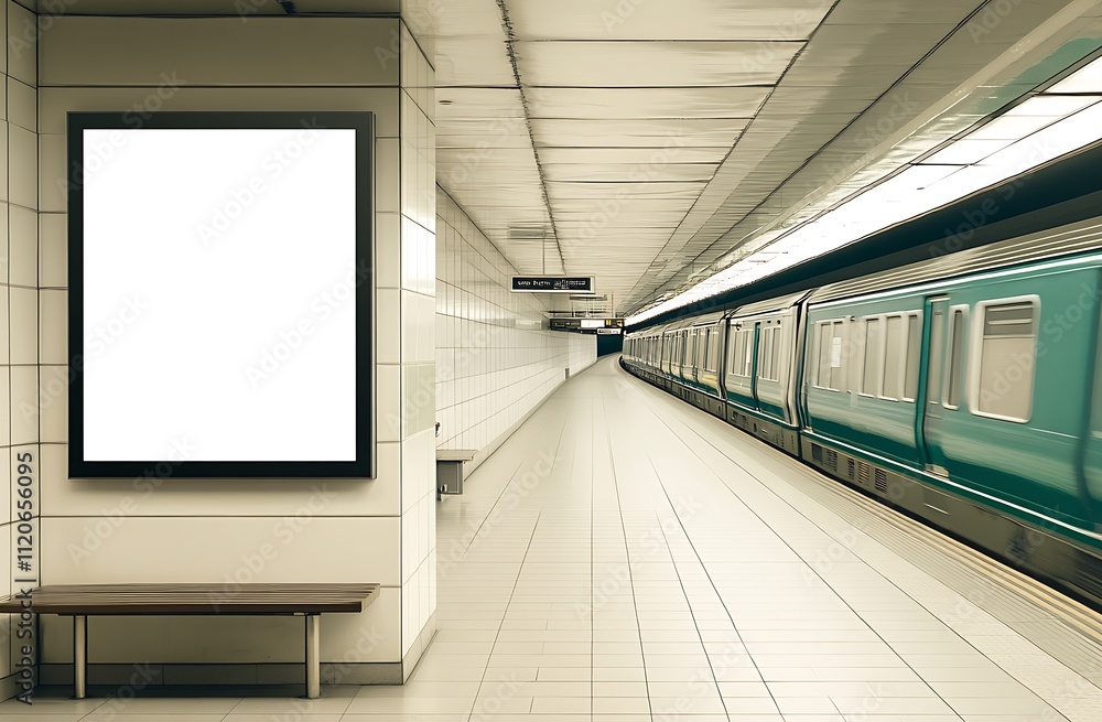 Modern subway station with blank digital signage and arriving green train for advertising : Generative AI Modern subway station with blank digital signage and arriving green train for advertising : Generative AI