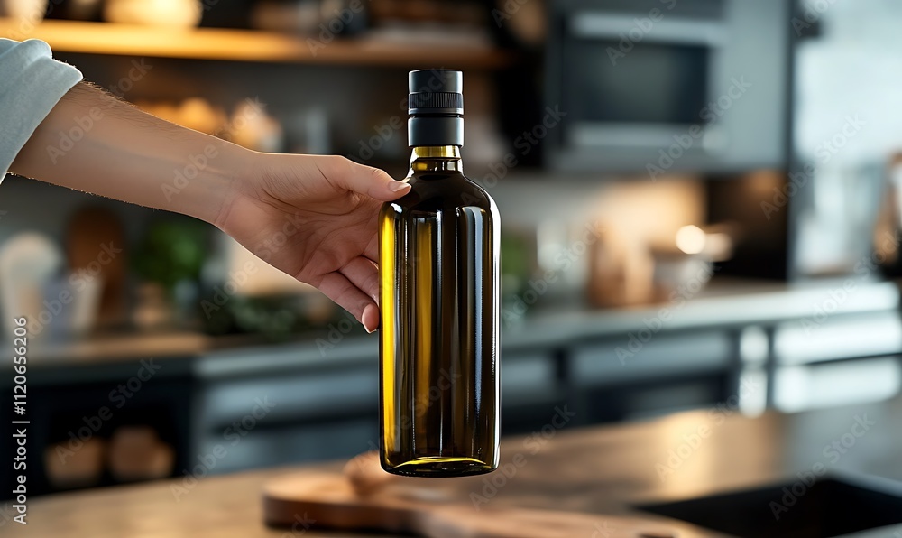 A hand holding a glass bottle of olive oil in a modern kitchen setting. A hand holding a glass bottle of olive oil in a modern kitchen setting.