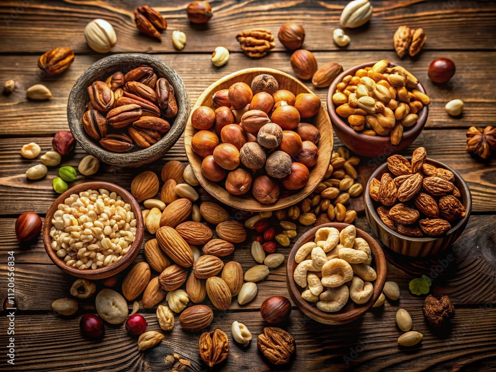 A rustic wooden table showcases a vibrant assortment of almonds, cashews, and walnuts, captured in a stunning long exposure effect for healthy snacking inspiration. A rustic wooden table showcases a vibrant assortment of almonds, cashews, and walnuts, captured in a stunning long exposure effect for healthy snacking inspiration.