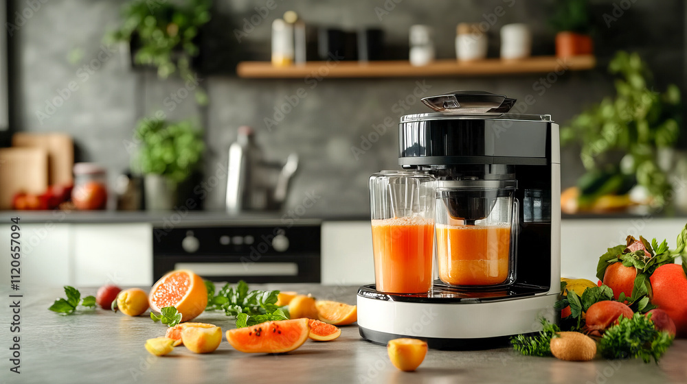 Modern juicer on kitchen counter with fresh citrus fruits and vegetables Modern juicer on kitchen counter with fresh citrus fruits and vegetables