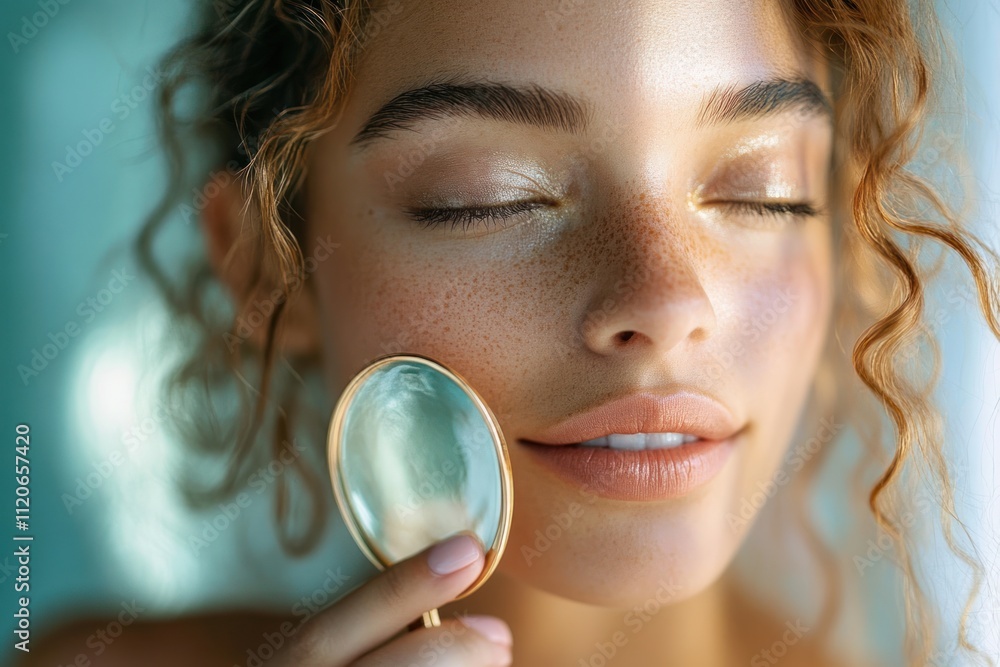 Beautiful African American Woman Using Jade Roller for Natural Skincare and Relaxation Beautiful African American Woman Using Jade Roller for Natural Skincare and Relaxation