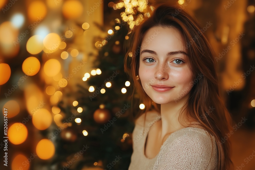 Bright and Cheerful Young Woman Smiling Amidst Christmas Lights Bright and Cheerful Young Woman Smiling Amidst Christmas Lights