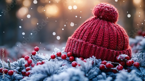 Red Knit Winter Hat Snow Berries Winter Scene photo