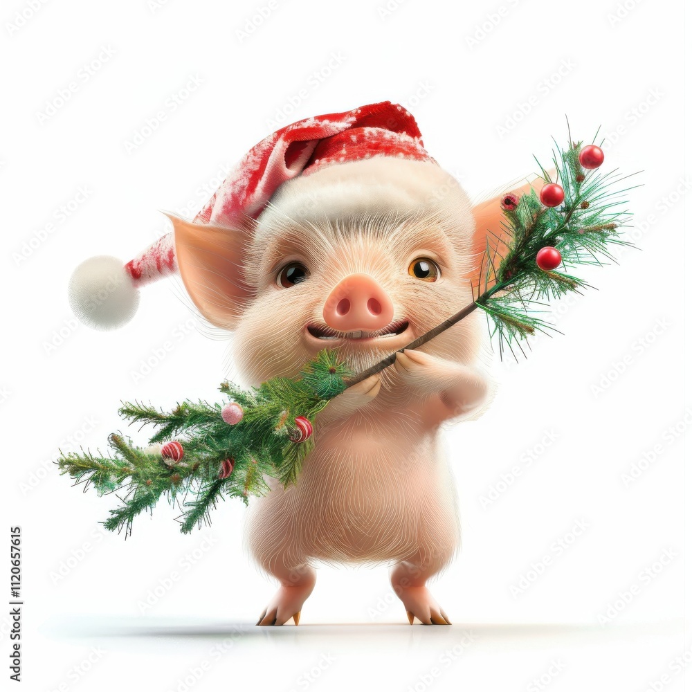 Little Pig in Santa Hat Celebrating Christmas with a Festive Tree: Adorable and Playful Holiday Illustration Little Pig in Santa Hat Celebrating Christmas with a Festive Tree: Adorable and Playful Holiday Illustration