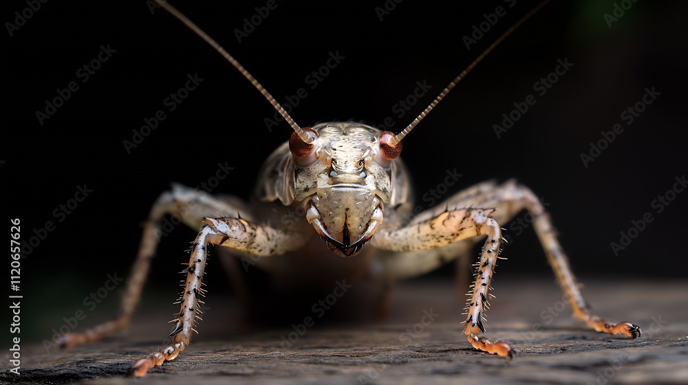 Detail Focused Image of a Cricket at Rest on a Textured Wooden Surface : Generative AI