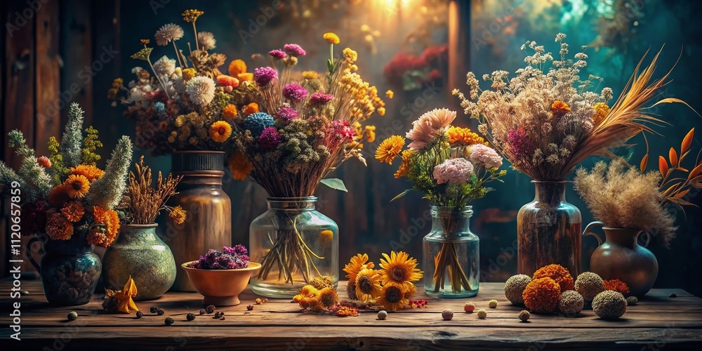 Fototapeta premium A serene dried flower arrangement graces the tabletop, illuminated by soft light, creating a cozy atmosphere complemented by a charming rustic aesthetic.