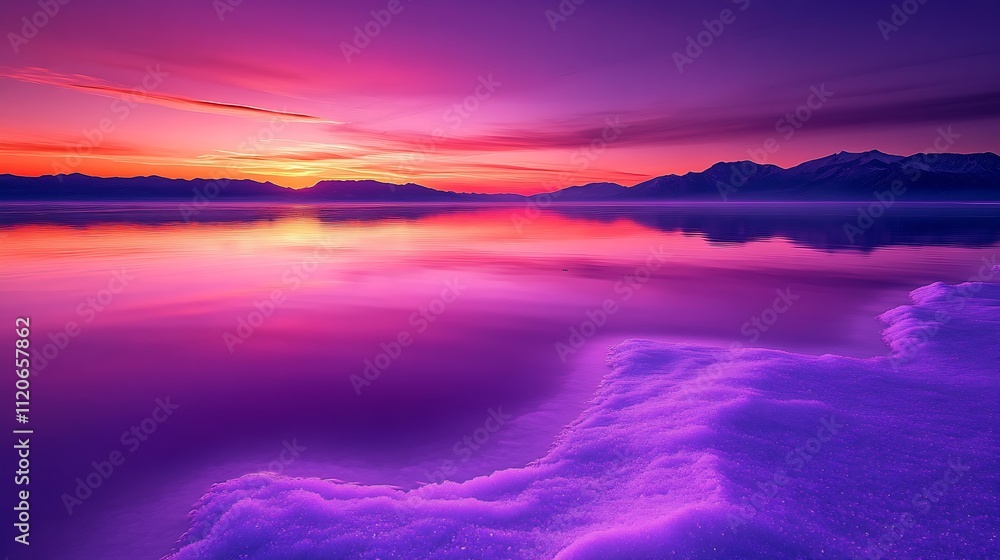 Obraz premium Mesmerizing Purple and Pink Sunset Over Calm Lake with Mountains : Generative AI