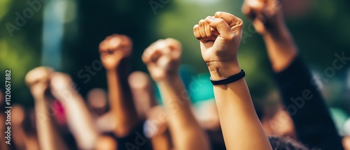 Empowering Social Protest Crowd with Raised Fists Symbolizing Unity and Determination : Generative AI photo