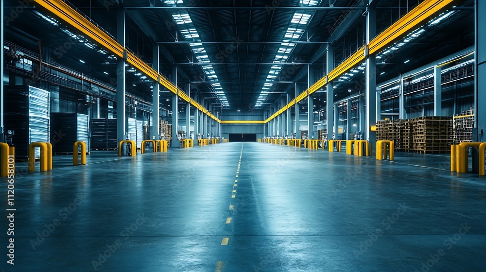 Spacious Modern Warehouse Interior with Bright Lighting and High Ceiling : Generative AI
