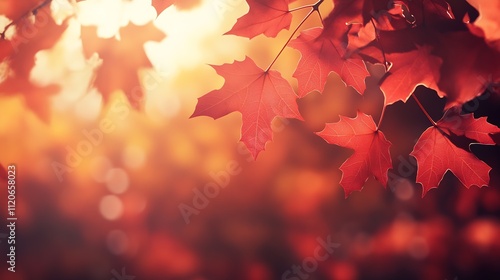 Vibrant red maple leaves basking in warm sunlight depicting the vivid beauty of an autumn afternoon : Generative AI photo