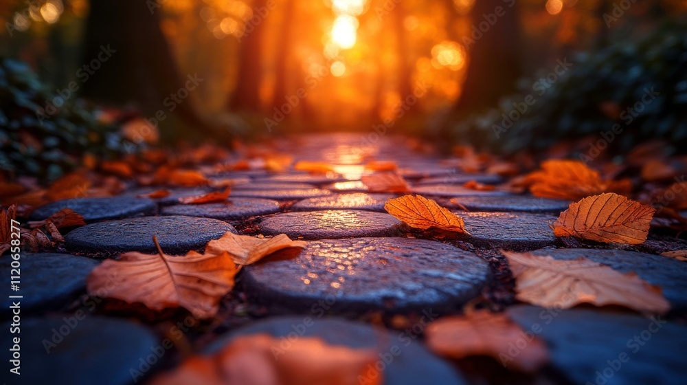 A serene pathway lined with stones and autumn leaves, illuminated by soft sunset light. A serene pathway lined with stones and autumn leaves, illuminated by soft sunset light.