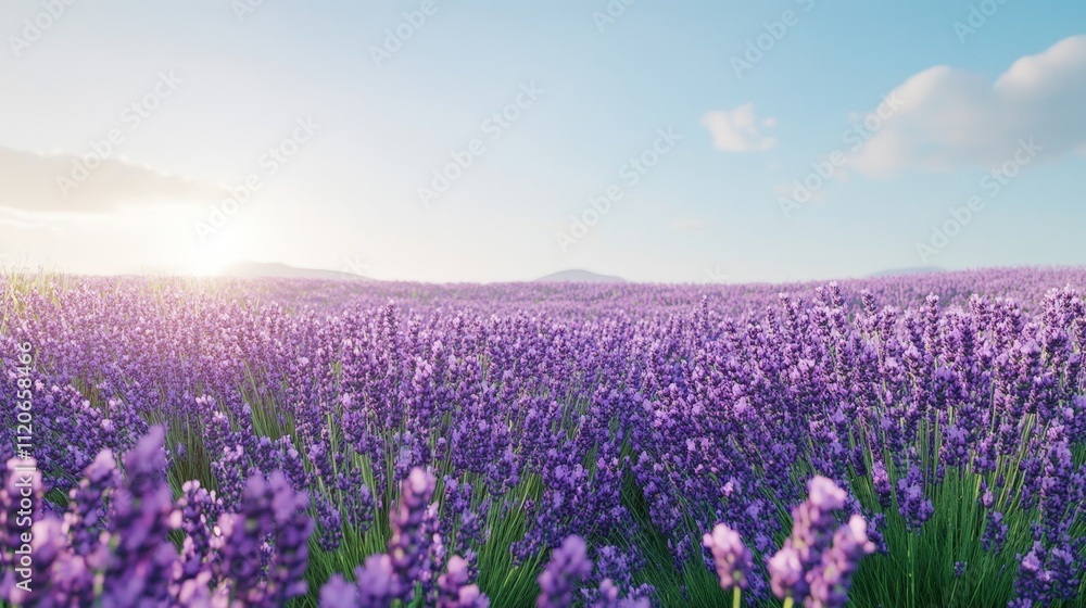 Fototapeta premium Blooming lavender field in peak season, under clear skies