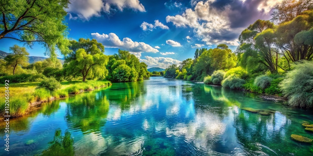 Obraz premium A serene river flows through vibrant greenery, creating a peaceful natural setting perfect for relaxation and tranquility amid the beauty of nature's landscape.