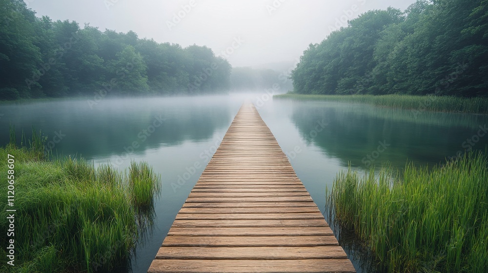 A serene wooden dock extending into a misty lake surrounded by lush greenery. A serene wooden dock extending into a misty lake surrounded by lush greenery.