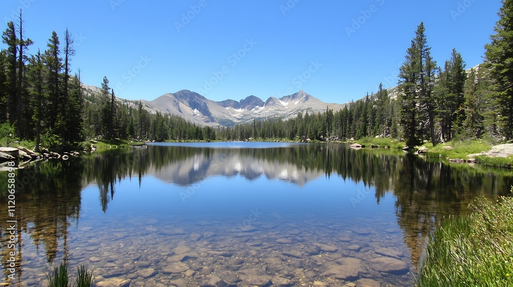 Majestic Mountain Lake with Crystal Clear Waters and Towering Pine Trees in Scenic Wilderness : Generative AI Majestic Mountain Lake with Crystal Clear Waters and Towering Pine Trees in Scenic Wilderness : Generative AI