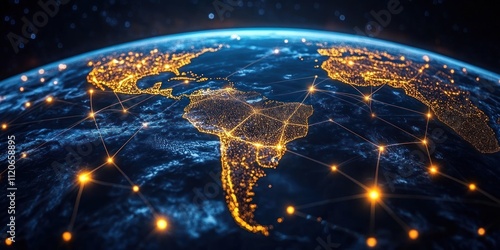 Fototapeta Naklejka Na Ścianę i Meble -  Futuristic Digital Map of South America Showcasing Global Connectivity and Data Transfer in Space