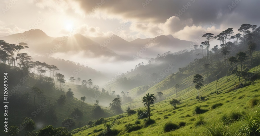 Fototapeta premium Misty morning in the Cocora Valley with fog rolling in , valley, mist